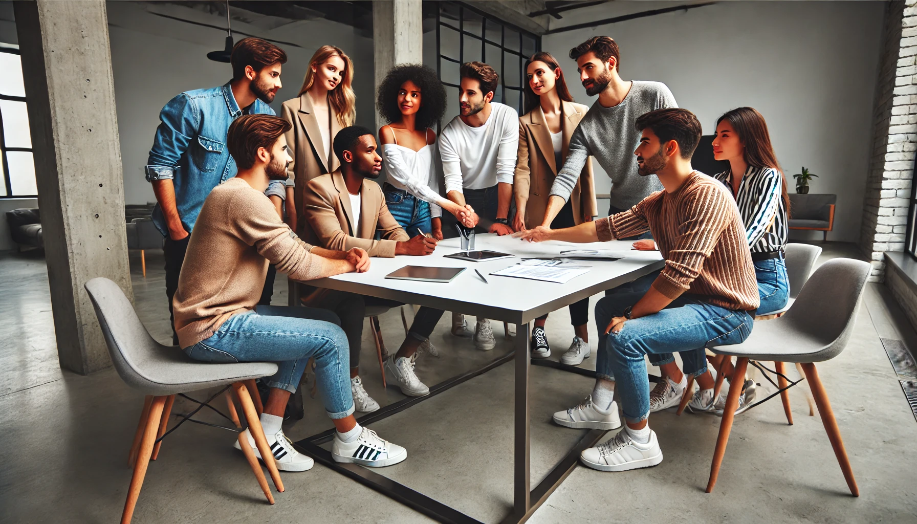 A smaller group of diverse and attractive individuals of varying ages, sizes, and ethnic backgrounds gathered around a sleek rectangular table in a casual yet stylish setting, shaking hands across the table to finalize a deal. The individuals are focused on each other, with their attention directed across the table, engaging in a lively and confident interaction. They are dressed in modern, fashionable casual attire, such as well-fitted t-shirts, trendy jeans, and stylish sweaters, creating a polished yet relaxed atmosphere. The table is clean and contemporary, with documents, pens, and a laptop symbolizing the finalization of an agreement. The setting is a bright, contemporary room with clean lines, warm lighting, and an inviting yet upscale vibe. The aspect ratio is wide (16:9), emphasizing the dynamic and visually appealing collaboration.