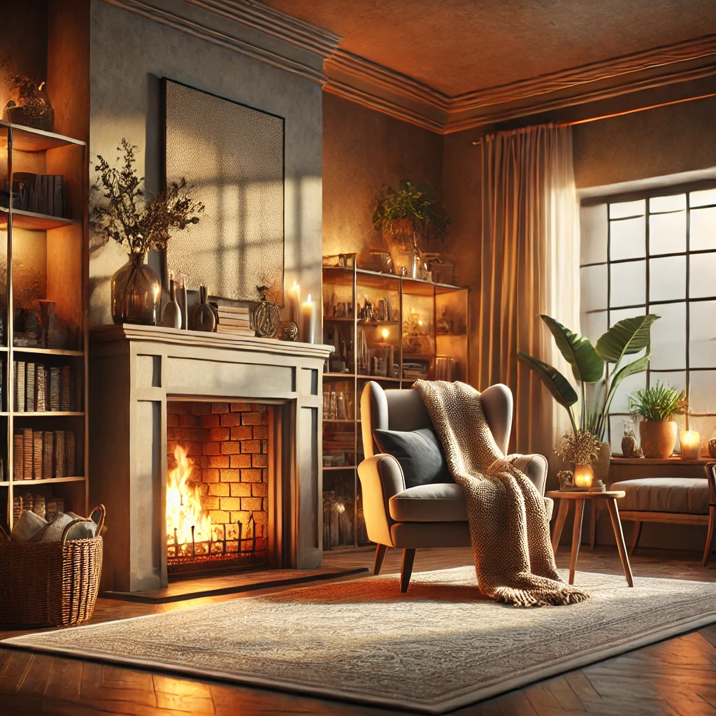 A cozy, warm room with a welcoming atmosphere. The room features soft, ambient lighting, a comfortable armchair with a knitted throw blanket, and a crackling fireplace as the centerpiece. The decor includes a plush area rug, wooden accents, and bookshelves filled with books and decorative items. Large windows allow natural light to complement the warm interior, and potted plants add a touch of greenery. The overall ambiance is tranquil and inviting, ideal for relaxation and comfort.