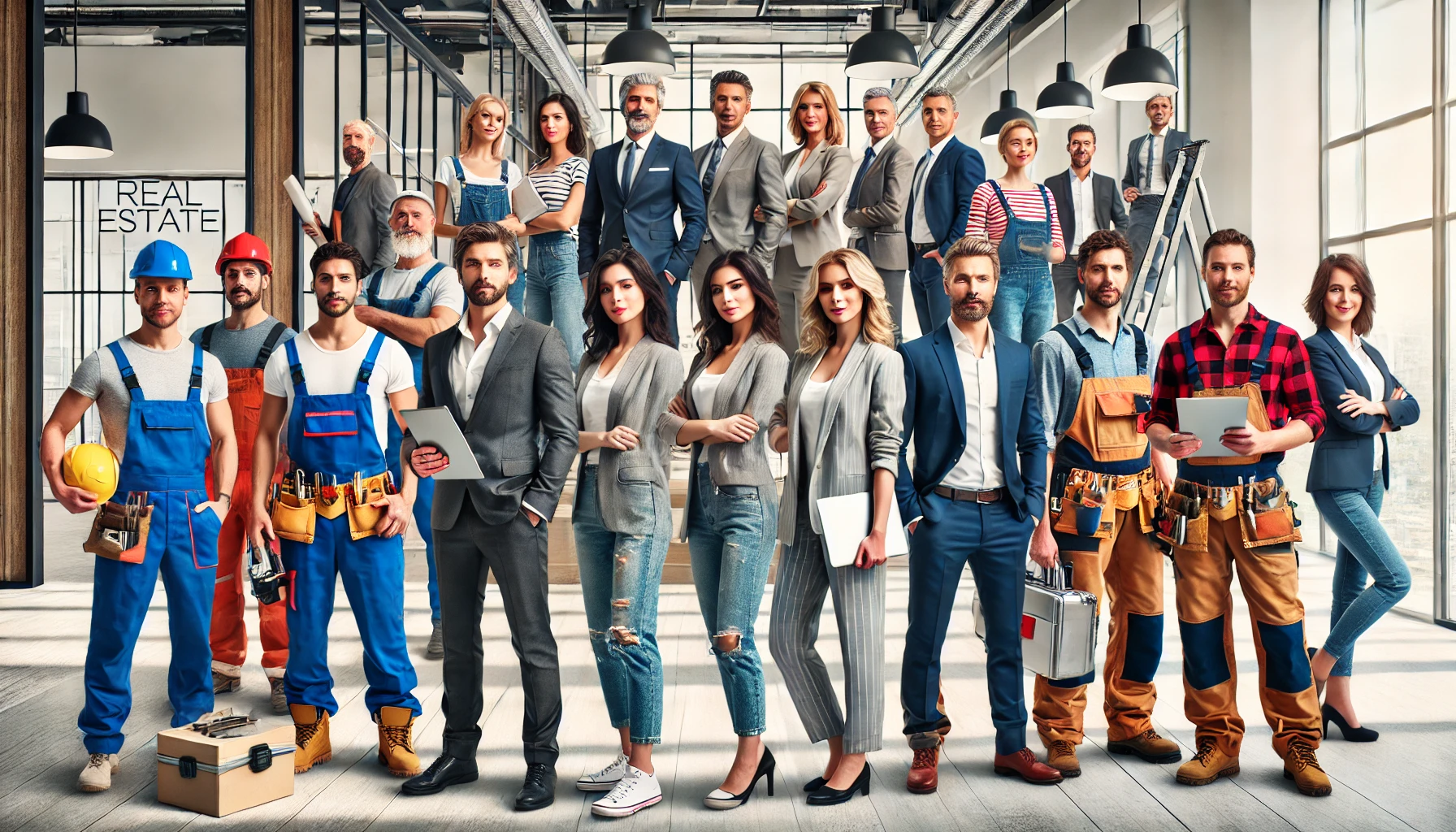 A vibrant and professional image of a diverse real estate dream team that includes blue-collar workers alongside agents and professionals. The group consists of men and women of various ethnic backgrounds and ages, dressed in a mix of stylish professional attire and practical work clothing like construction gear and casual uniforms. They are standing together confidently in a modern office space with sleek decor, large windows, and a collaborative atmosphere. Some team members hold real estate documents, digital tablets, or tools, symbolizing the unity and teamwork of different roles in the real estate industry. The aspect ratio is wide (16:9), emphasizing the inclusivity and collaboration of this dynamic team.