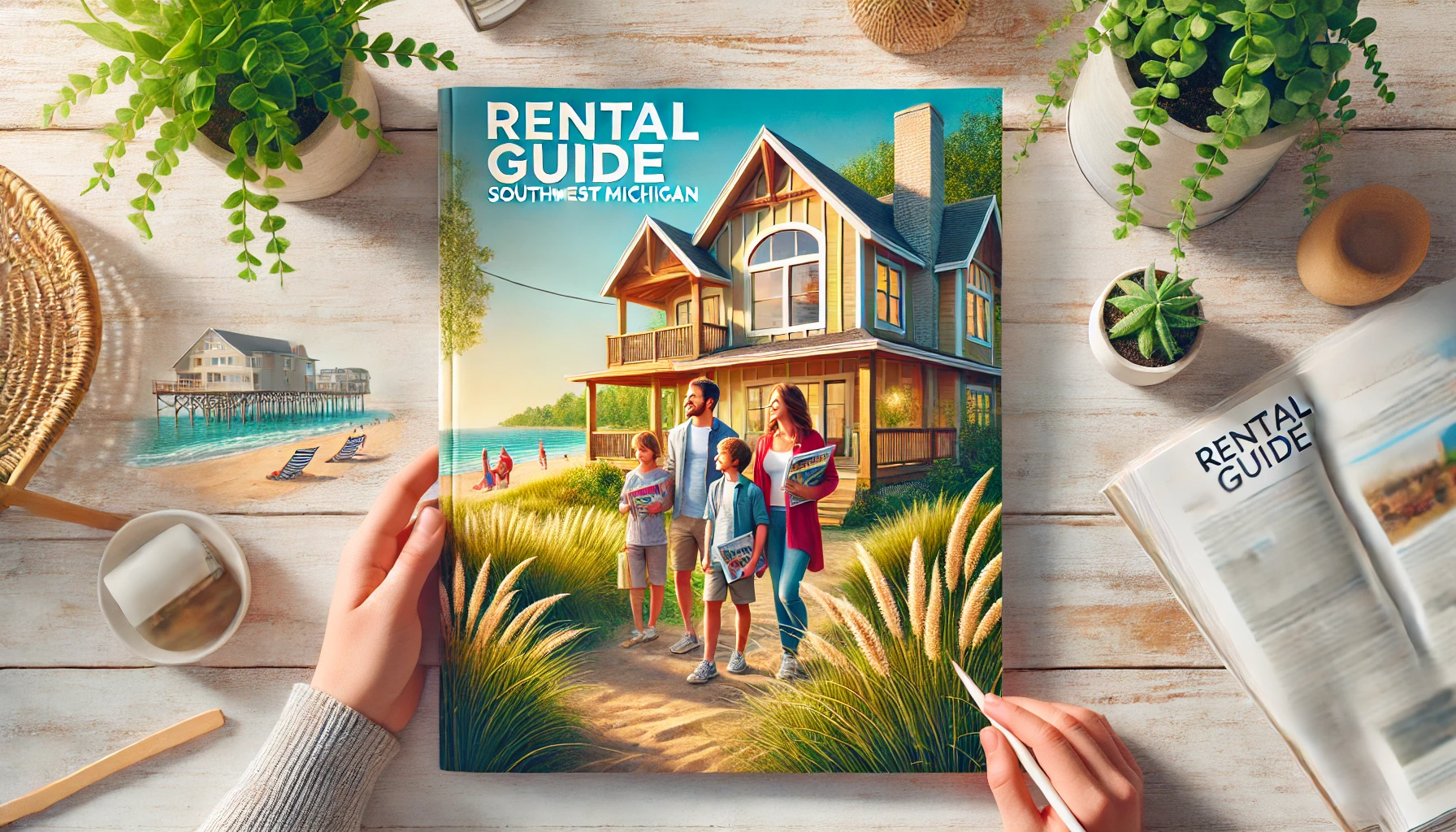 A vibrant and inviting scene for a rental guide in Southwest Michigan. The image features a cozy house near Lake Michigan with dune grass and a sandy beach visible in the background. The house has a modern, yet rustic design with large windows and a welcoming porch. In the foreground, a family and a young professional are shown holding rental guides, smiling and exploring the property. The atmosphere is bright and warm, with natural sunlight illuminating the scene. The overall vibe is inviting and practical, ideal for showcasing Southwest Michigan as a prime rental location. The aspect ratio is wide (16:9), capturing the scenic and homely environment.