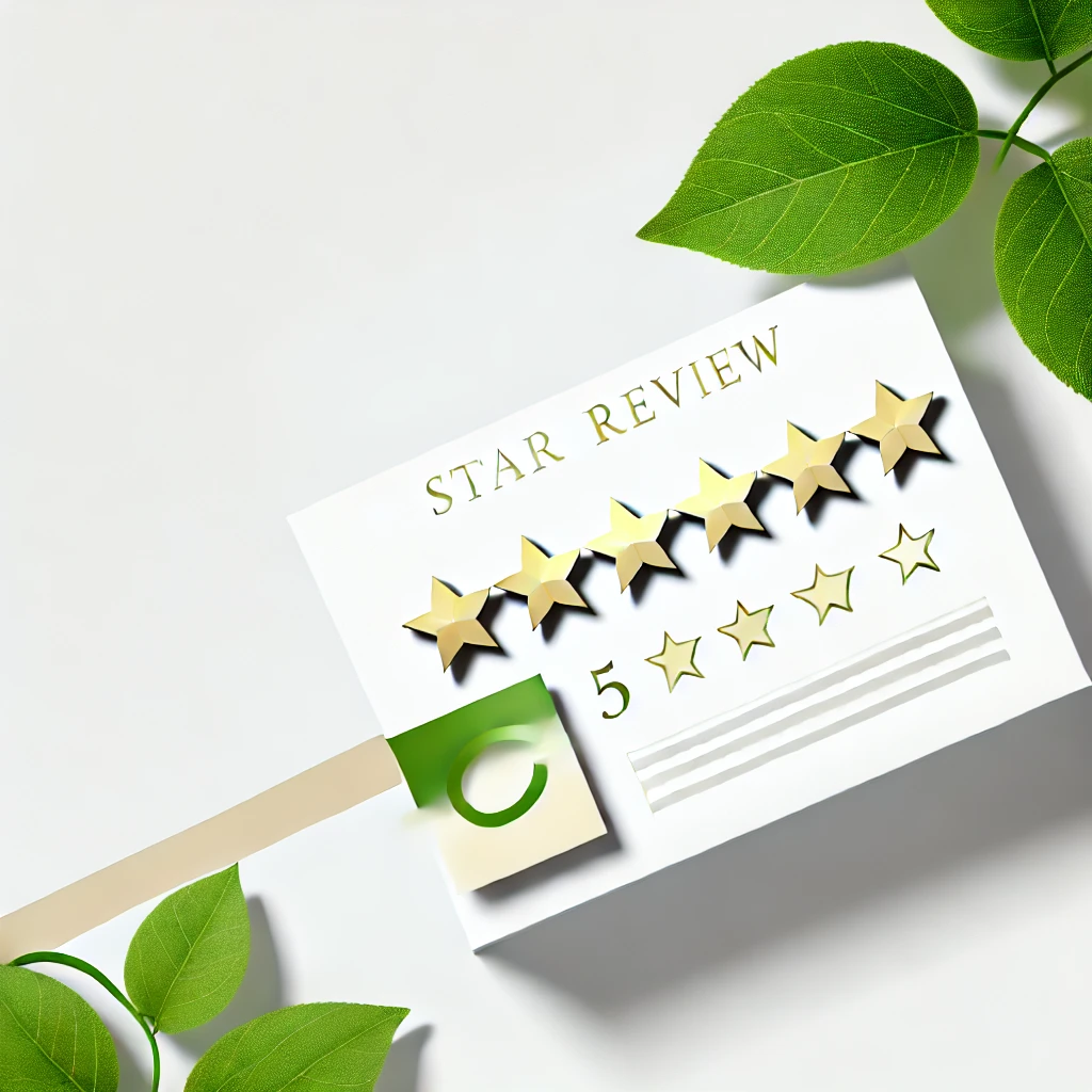 A visually appealing graphic featuring a 5-star review concept with stars prominently displayed, accompanied by a subtle design of a review card or speech bubble to symbolize feedback. The design is modern and professional, with a clean white background and accents in gold and green for a fresh and inviting look. The image should include a leafy or natural element to add a warm and approachable feel, suitable for a website section encouraging reviews. The aspect ratio is optimized for integration into a website block.