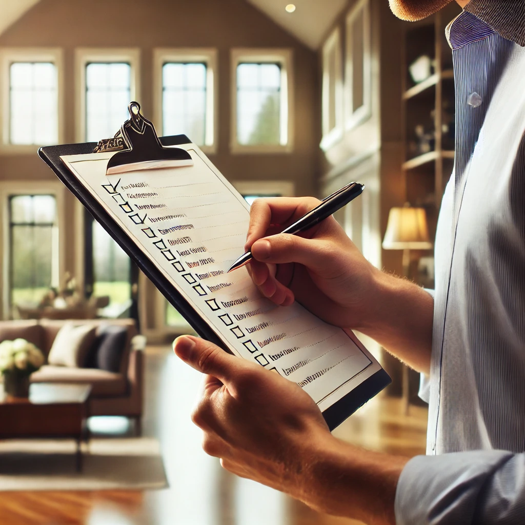 A person holding a clipboard with a detailed checklist, marking items with a pen. The setting is inside a modern, well-lit house, with elegant decor and large windows streaming natural light in the background. The person appears focused and professional, symbolizing organization and productivity, as they actively check off completed tasks on the list.