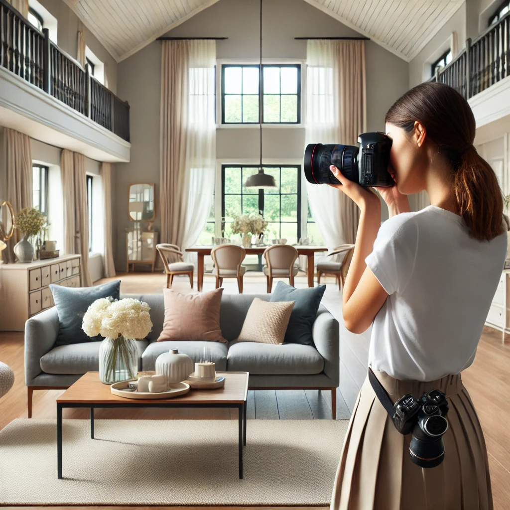 A professional female photographer inside a beautifully staged house interior, taking a picture directly at the viewer's point of view as if capturing the scene from their perspective. The room features elegant decor, a neatly arranged sofa set, and bright natural lighting coming through large windows. The photographer is holding her camera up, looking focused and professional. The scene conveys the realism and engagement of real estate photography, emphasizing the inviting and stylish ambiance of the space.