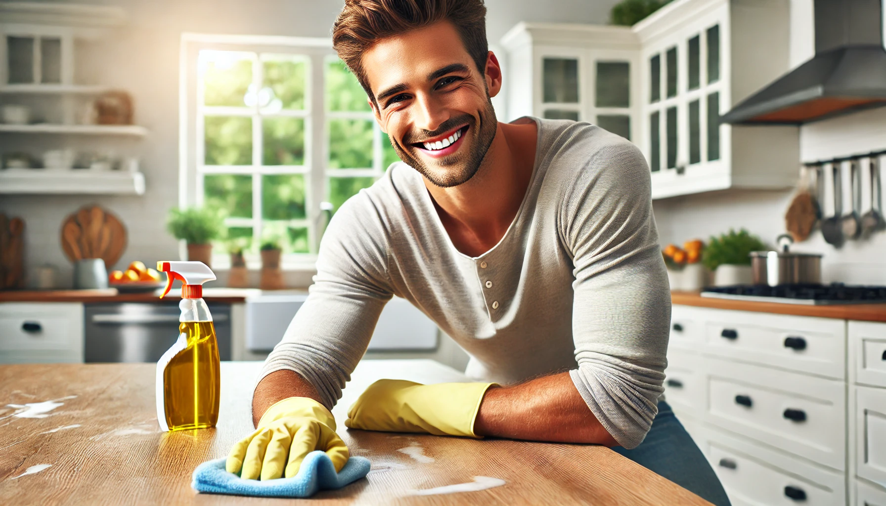 A cheerful man actively cleaning a house interior, scrubbing a countertop or wiping down a surface in a once-messy kitchen now transitioning to a clean and inviting look. The man is smiling confidently, wearing casual cleaning attire, and using cleaning supplies like a sponge or cloth. Bright natural light illuminates the scene, emphasizing a sense of accomplishment and readiness for selling the house. The aspect ratio is wide (16:9), showcasing the spacious and tidy environment.