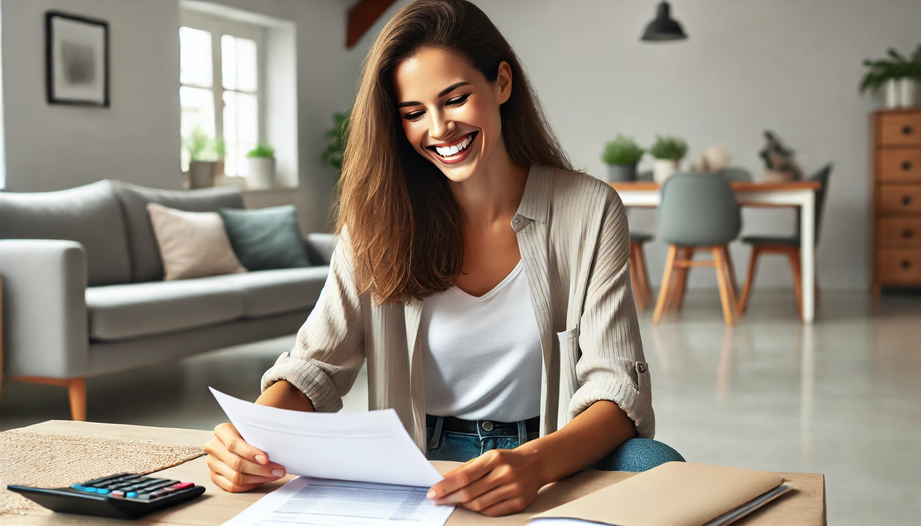 A happy female sitting at a table in a well-lit home, smiling while reviewing paperwork. She is dressed in casual clothes, such as a shirt and jeans, and is surrounded by neatly organized documents. The setting is a clean and modern living space with a comfortable atmosphere, emphasizing positivity and productivity. The aspect ratio is wide (16:9), showcasing the spacious and tidy environment.