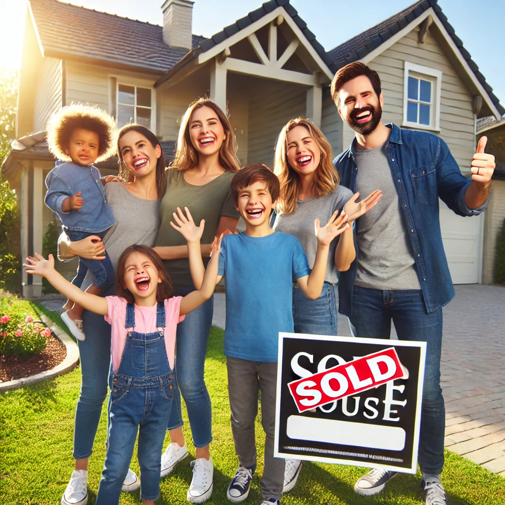 A happy family standing in front of a house with a 'SOLD' sign on the lawn. The family consists of one white male and one black female as parents, along with two children. They are all expressing joy and excitement with big smiles and celebratory gestures. The house is a charming suburban single-story home with a well-kept yard and a driveway. The atmosphere is sunny and bright, radiating happiness and accomplishment.